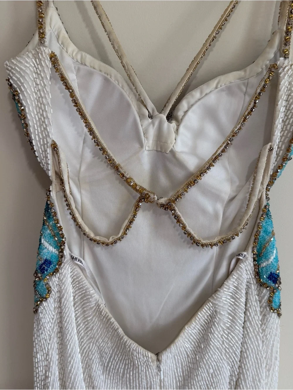 Sherri Hill White Mini Dress with Turquoise & Gold Butterfly Bodice